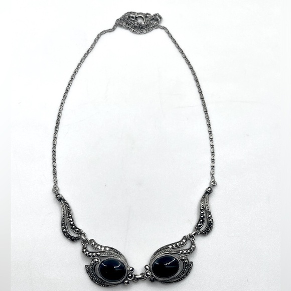 Art Deco Sterling Onyx & Marcasite Ornate Sterling Silver Chain Approx 16” - Picture 1 of 8